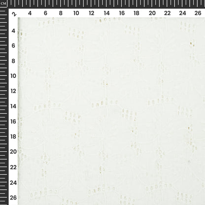 Geo Floral White Premium Schiffli Embroidery Dyeable Cotton Fabric (Width 52 Inches)