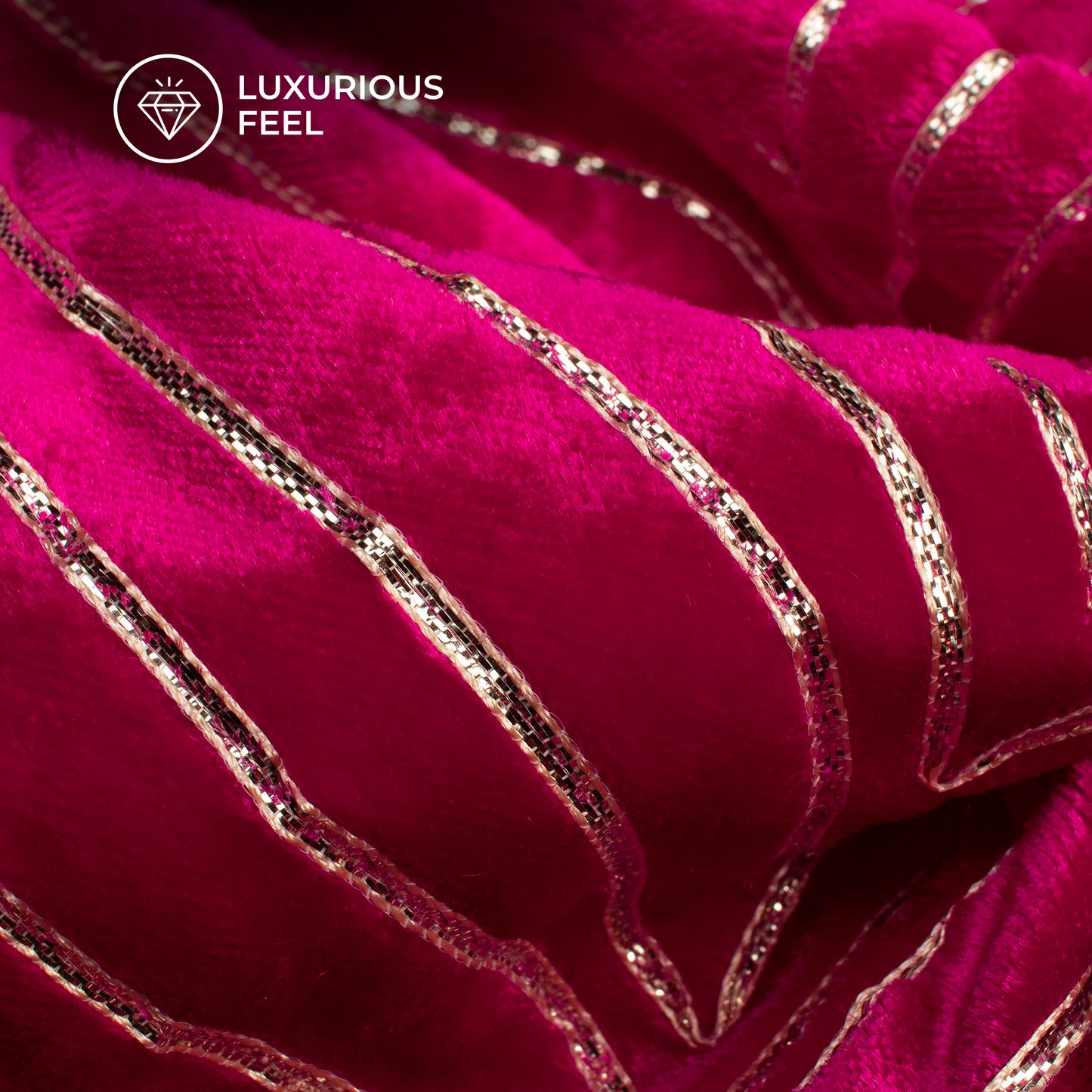 Luxurious Golden Zari Chevron Embroidery On Hot Pink Velvet Fabric