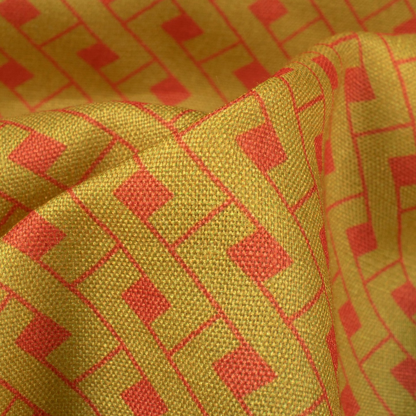 Metallic Yellow And Orange Geometric Digital Print Linen Textured Fabric (Width 56 Inches)