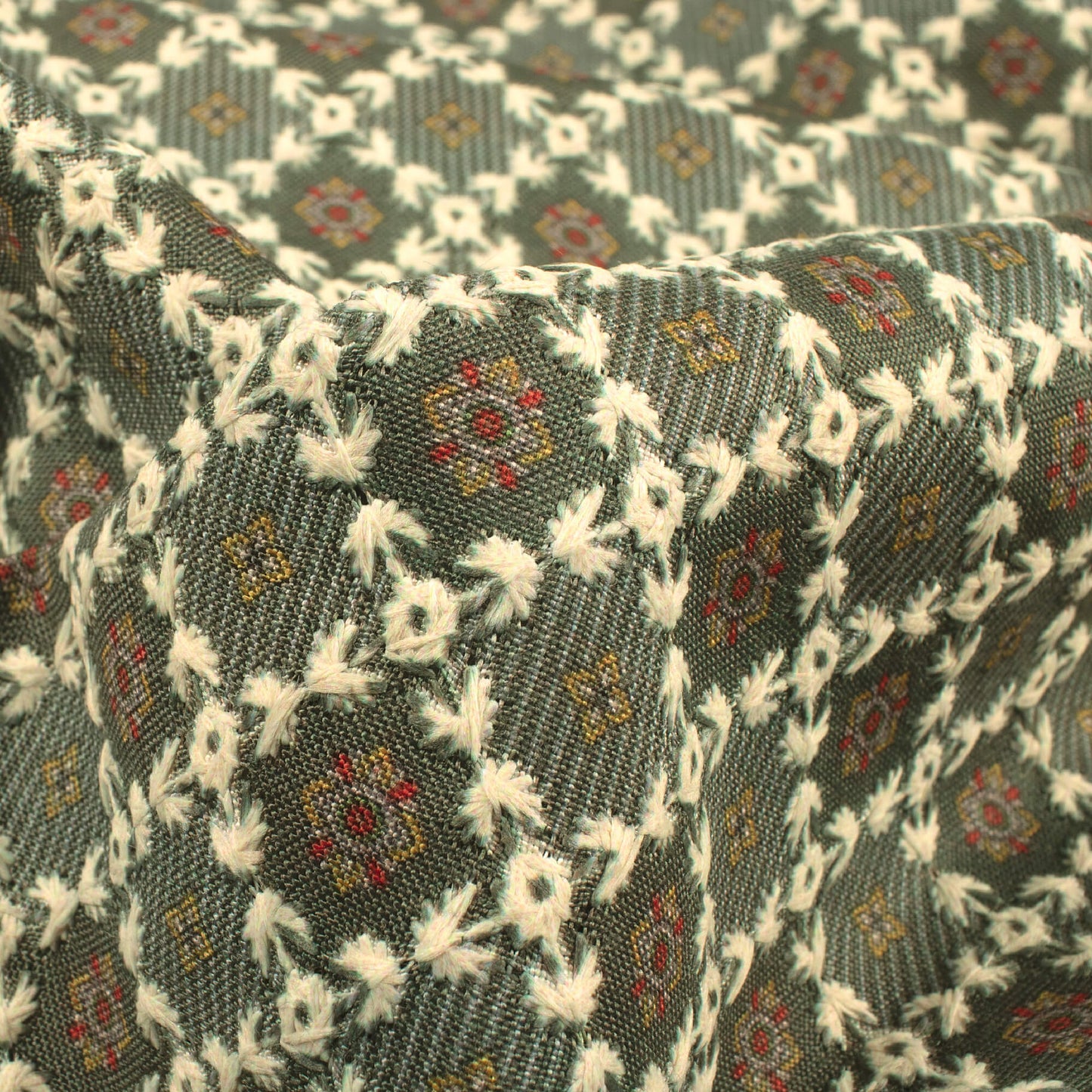 Seaweed Green Booti Position Print On Embroidery Linen Textured Fabric