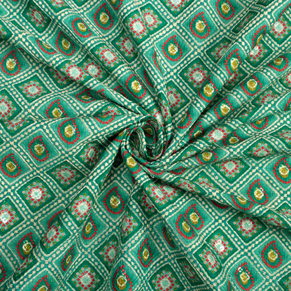 Pine Green And Red Bandhanii Position Print On Embroidery Fabric(Width 56 Inches)