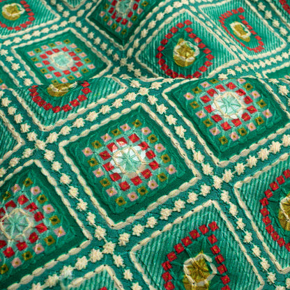 Pine Green And Red Bandhanii Position Print On Embroidery Fabric(Width 56 Inches)