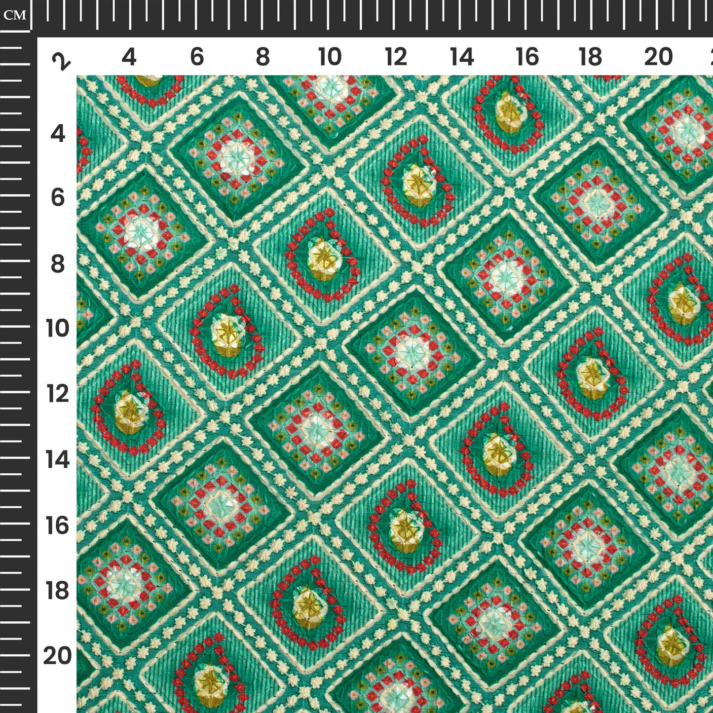 Pine Green And Red Bandhani Position Print On Embroidery Fabric(Width 56 Inches)