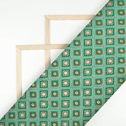 Pine Green And Red Bandhanii Position Print On Embroidery Fabric(Width 56 Inches)