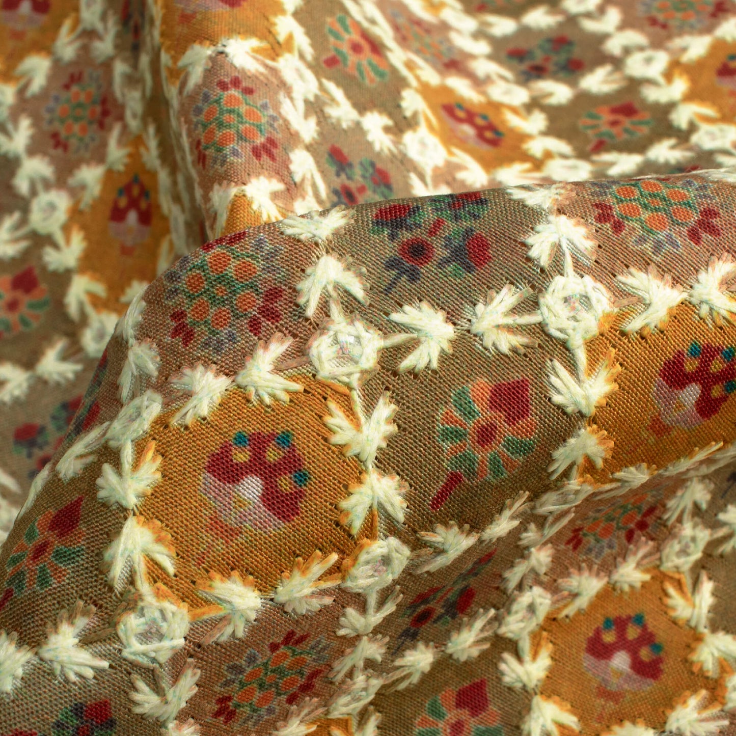 Gold Yellow And Red Floral Position Print On Embroidery Fabric(Width 56 Inches)