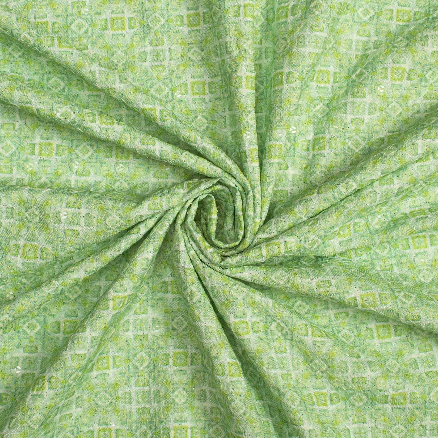 Tea Green And White Geometric Digital Print Embroidery Rayon Fabric