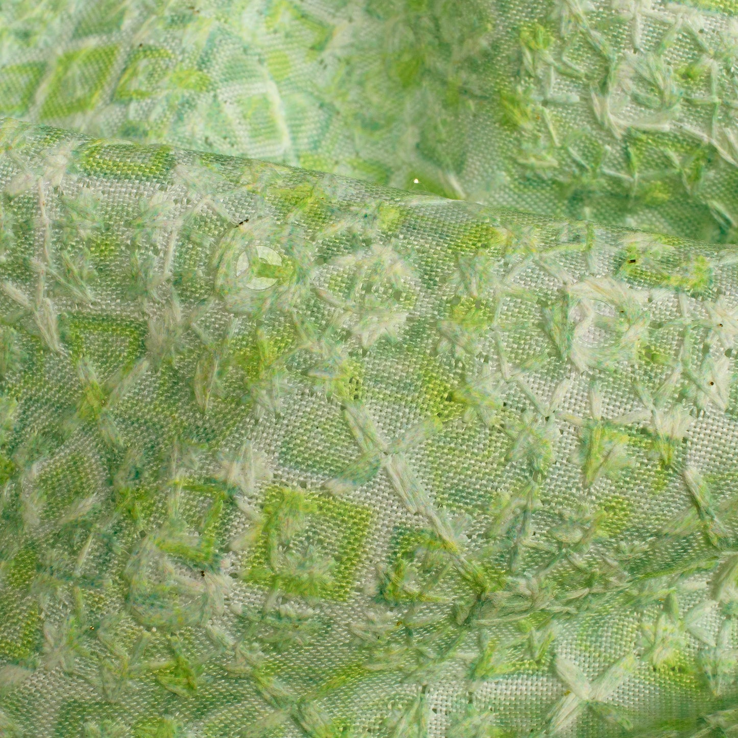 Tea Green And White Geometric Digital Print Embroidery Rayon Fabric