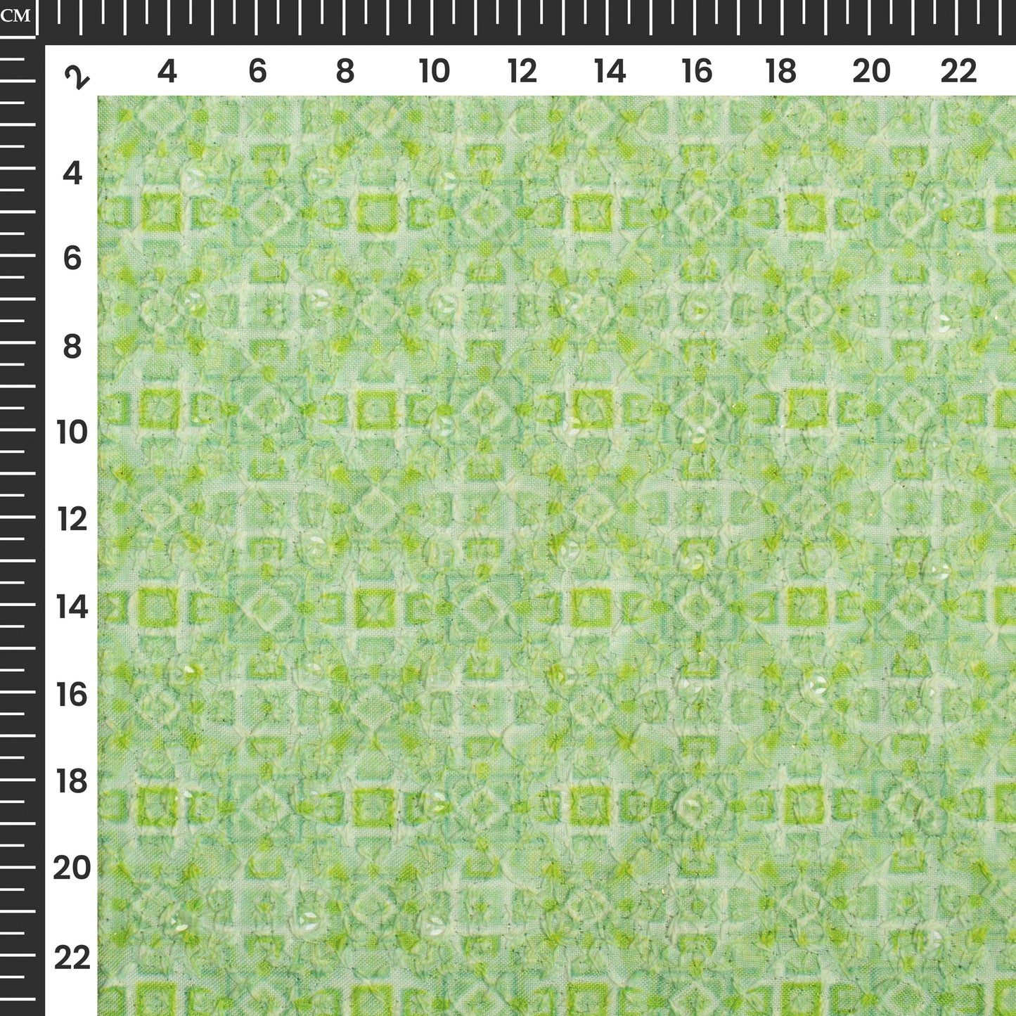 Tea Green And White Geometric Digital Print Embroidery Rayon Fabric