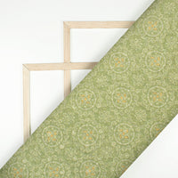 Sage Green And White Geometric Digital Print Embroidery Muslin Fabric (Width 56 Inches)