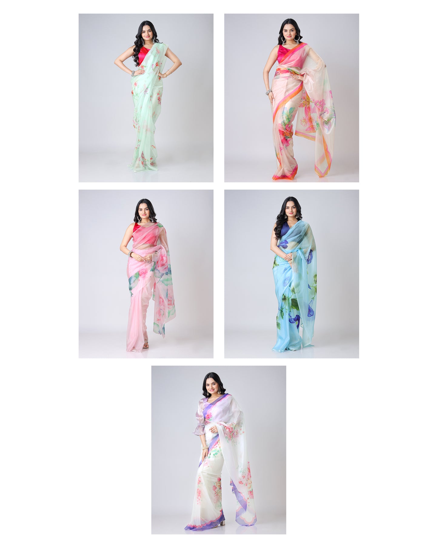 Set of 5 Floral Designer Organza Sarees Catalogue