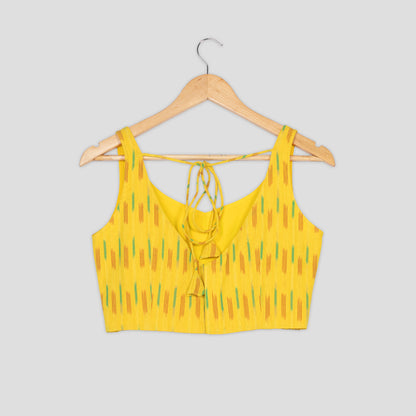 Yellow Ikkat Print Sleeveless Tie-Up Blouse