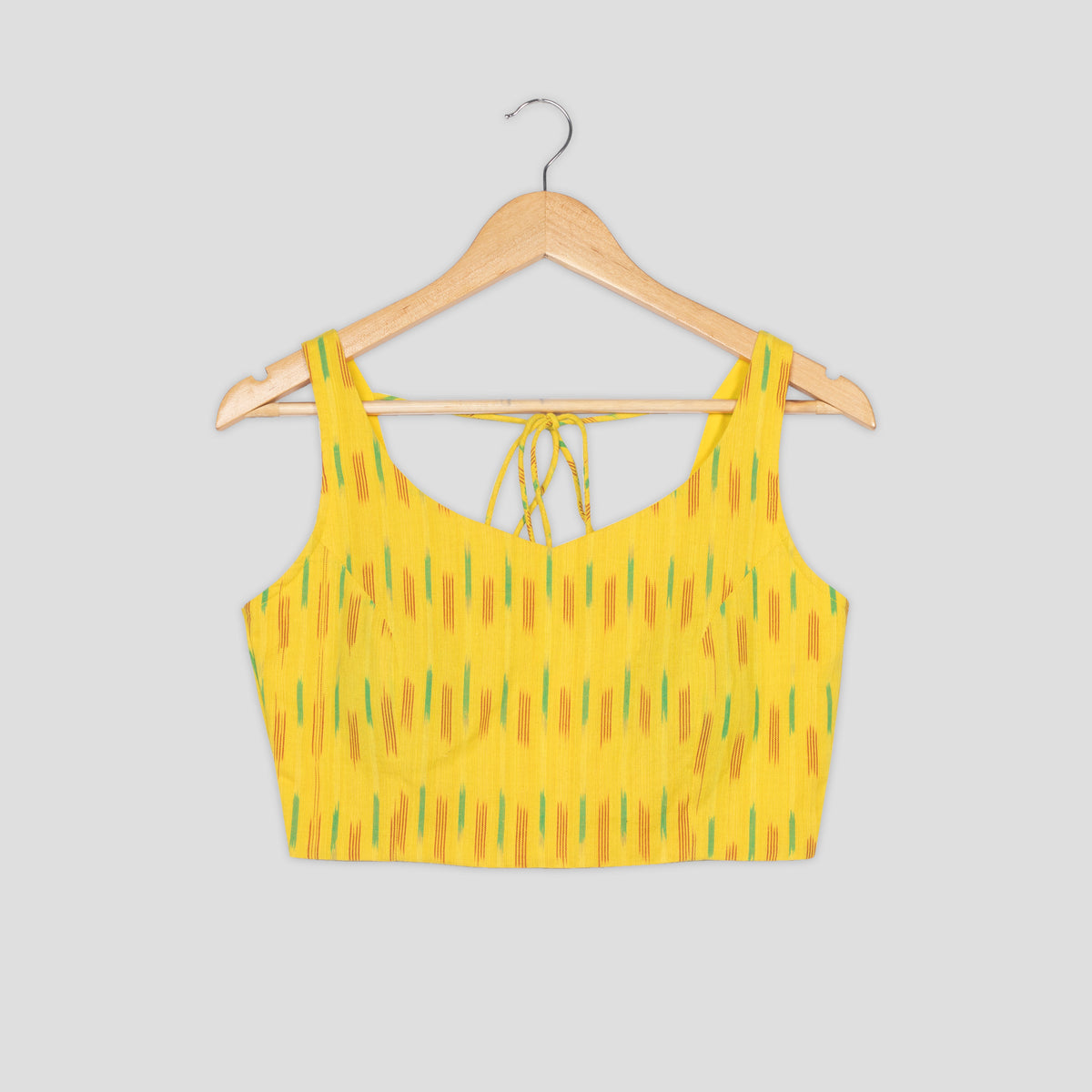 Yellow Ikkat Print Sleeveless Tie-Up Blouse