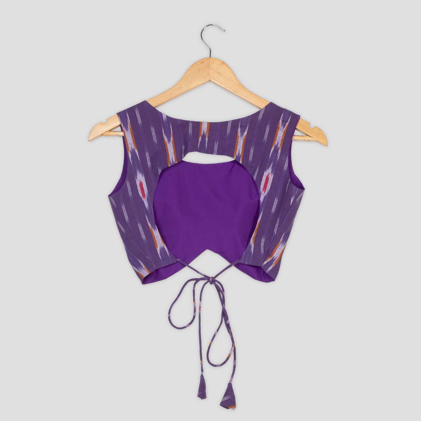 Purple Ikkat Print Sleeveless Tie-Up Blouse