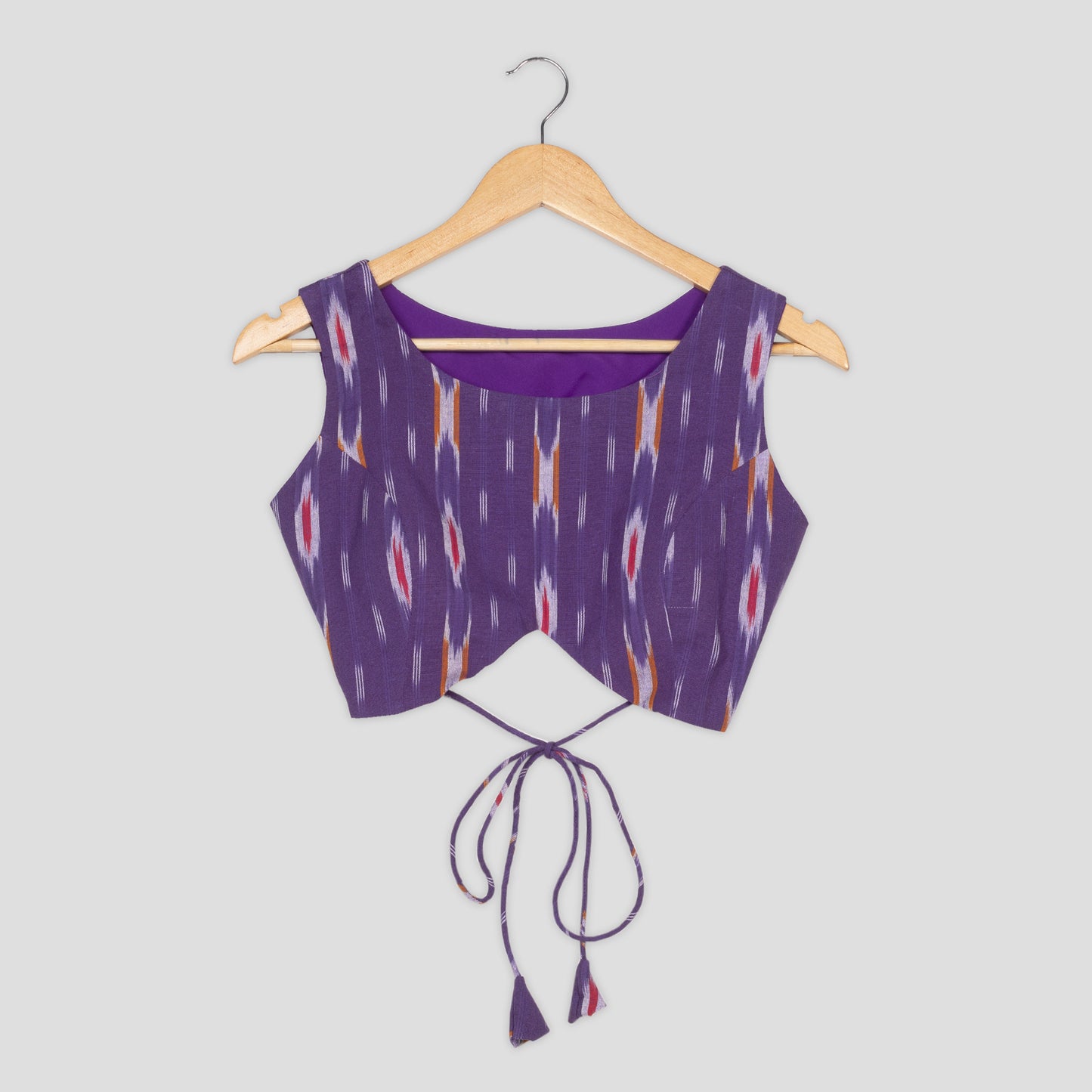 Purple Ikkat Print Sleeveless Tie-Up Blouse