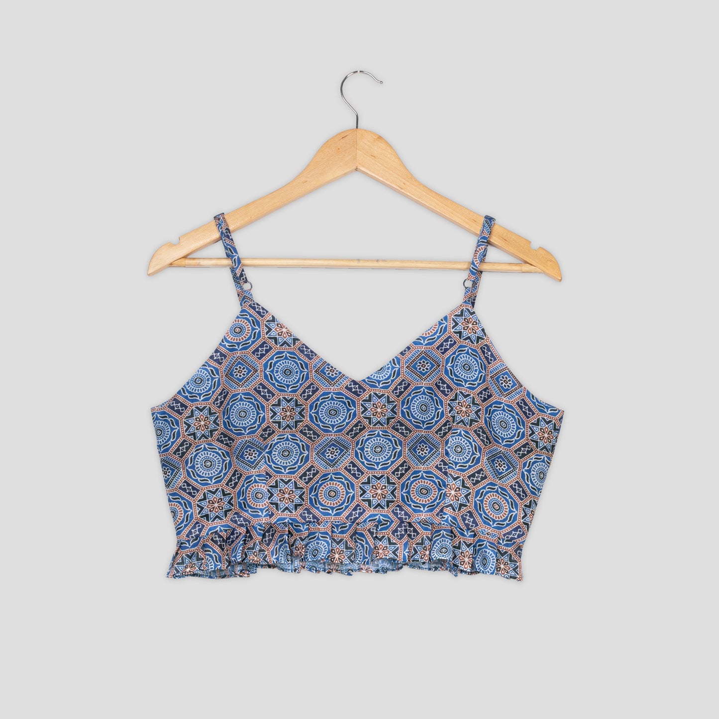 Navy Blue Ajarakh Print Strappy Ruffle Blouse