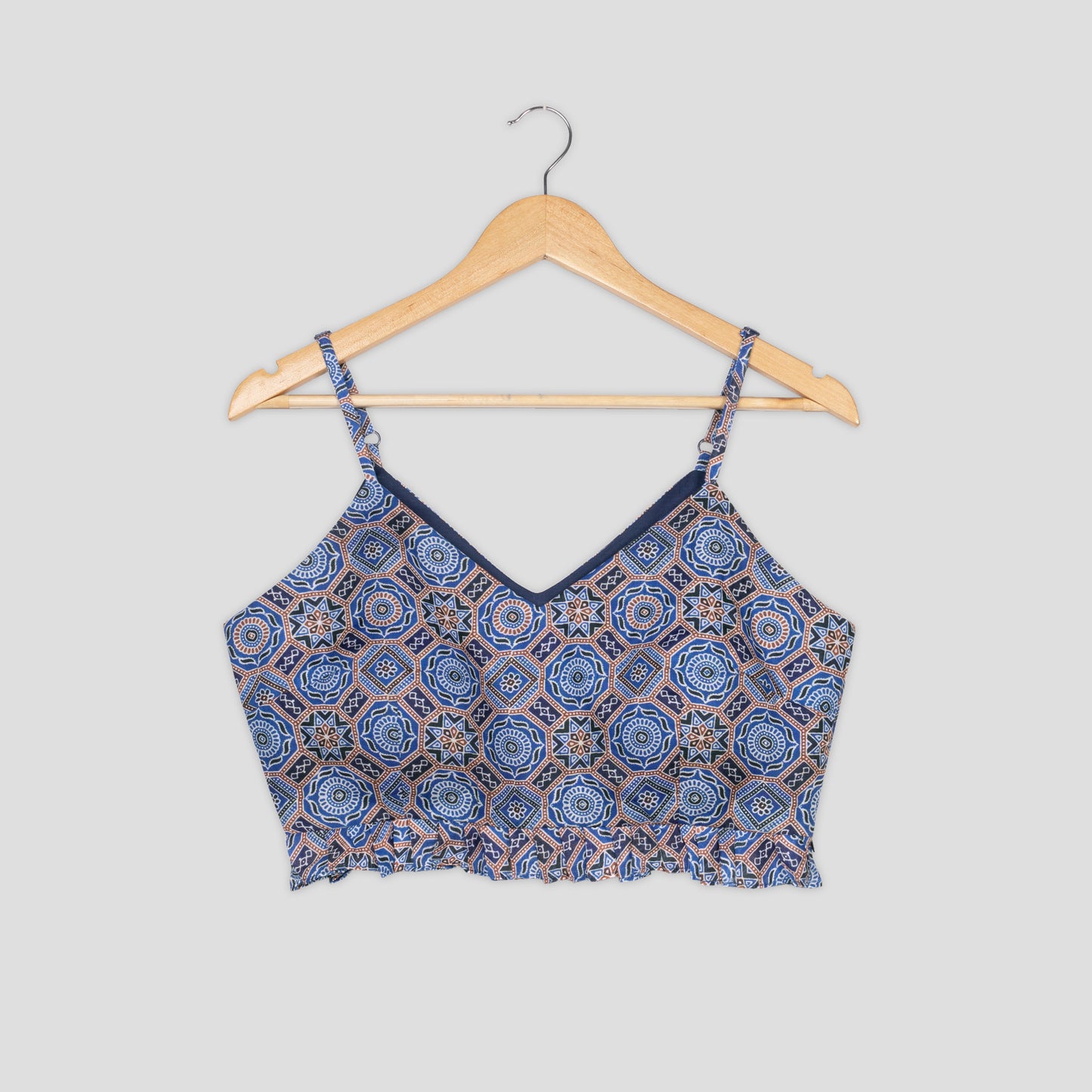 Navy Blue Ajarakh Print Strappy Ruffle Blouse