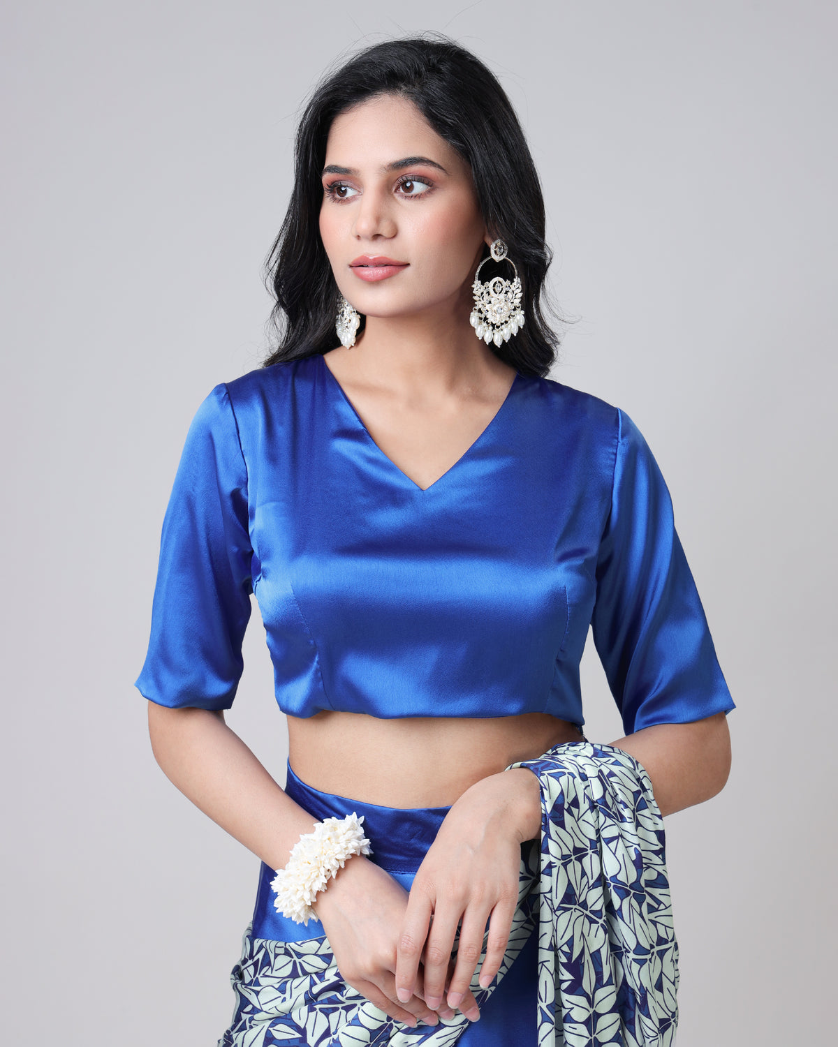 Royal Blue Plain V-Neck Half Sleeve Blouse