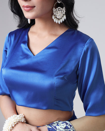 Royal Blue Plain V-Neck Half Sleeve Blouse
