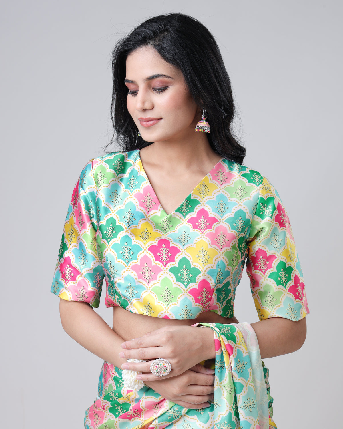 Geometric V-Neck Half Sleeve Blouse