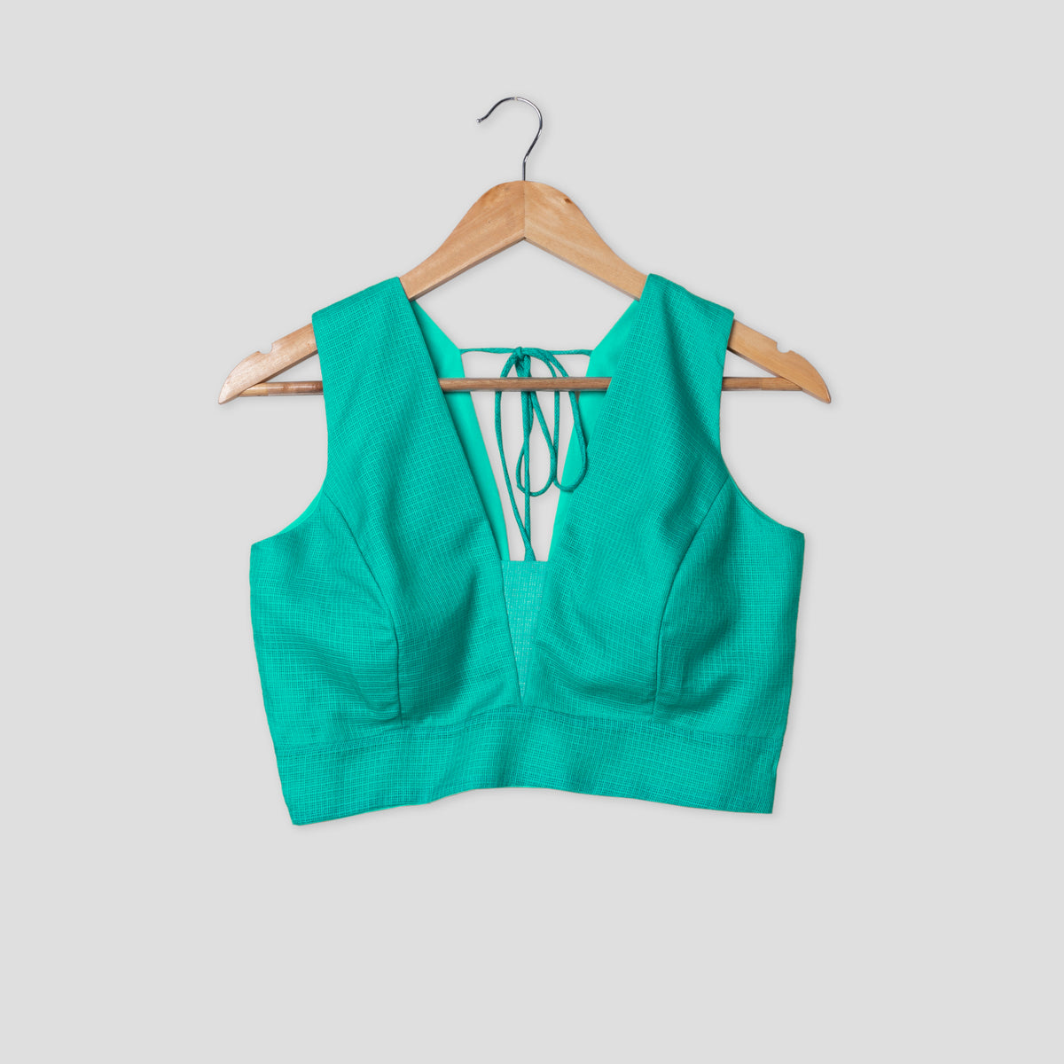 Deep V-Neck Pine Green Kota Doria Blouse