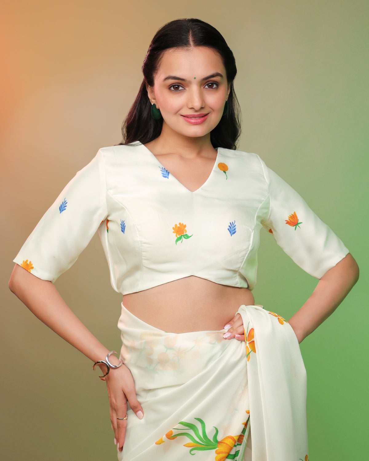 Tri Color Floral V Neck Blouse