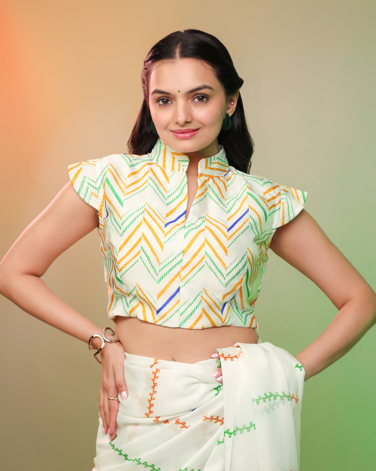 Tri Color Chevron Mandarin Collar Blouse