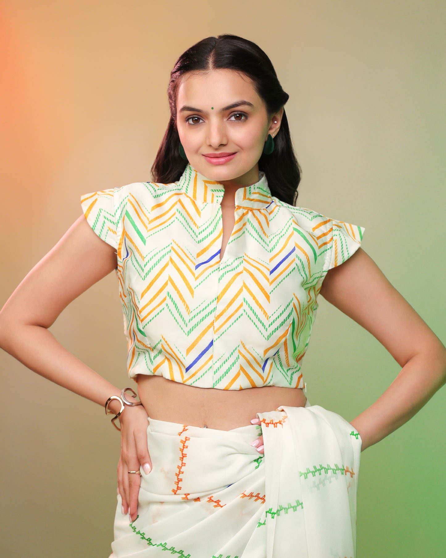 Tri Color Chevron Mandarin Collar Blouse