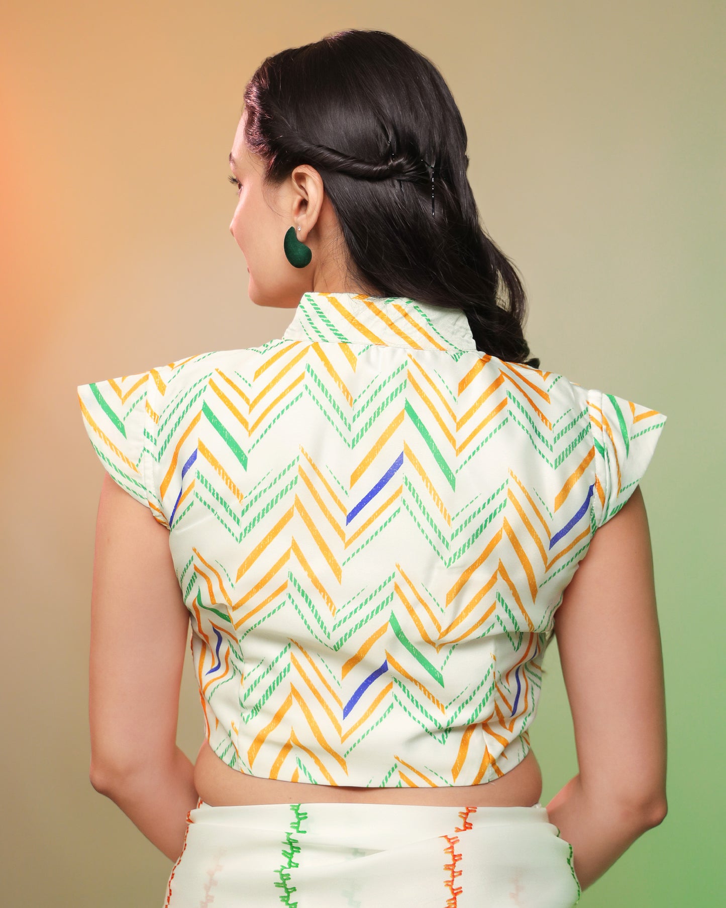 Tri Color Chevron Mandarin Collar Blouse
