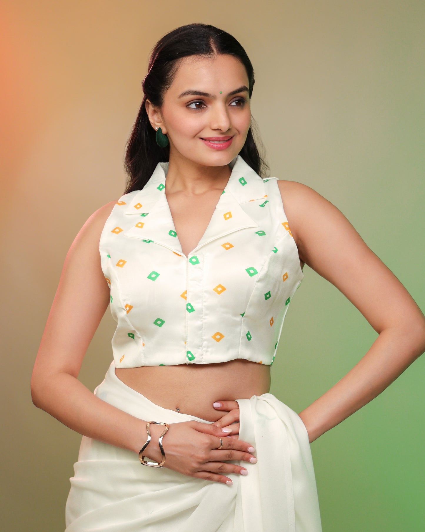 Tri Color Bandhani Notched Collar Blouse