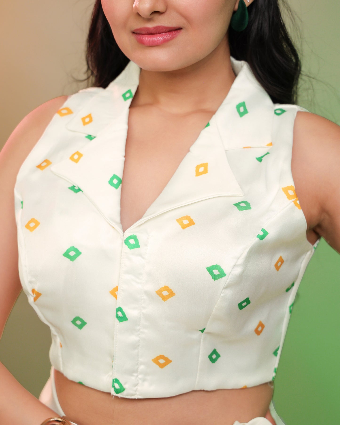 Tri Color Bandhani Notched Collar Blouse