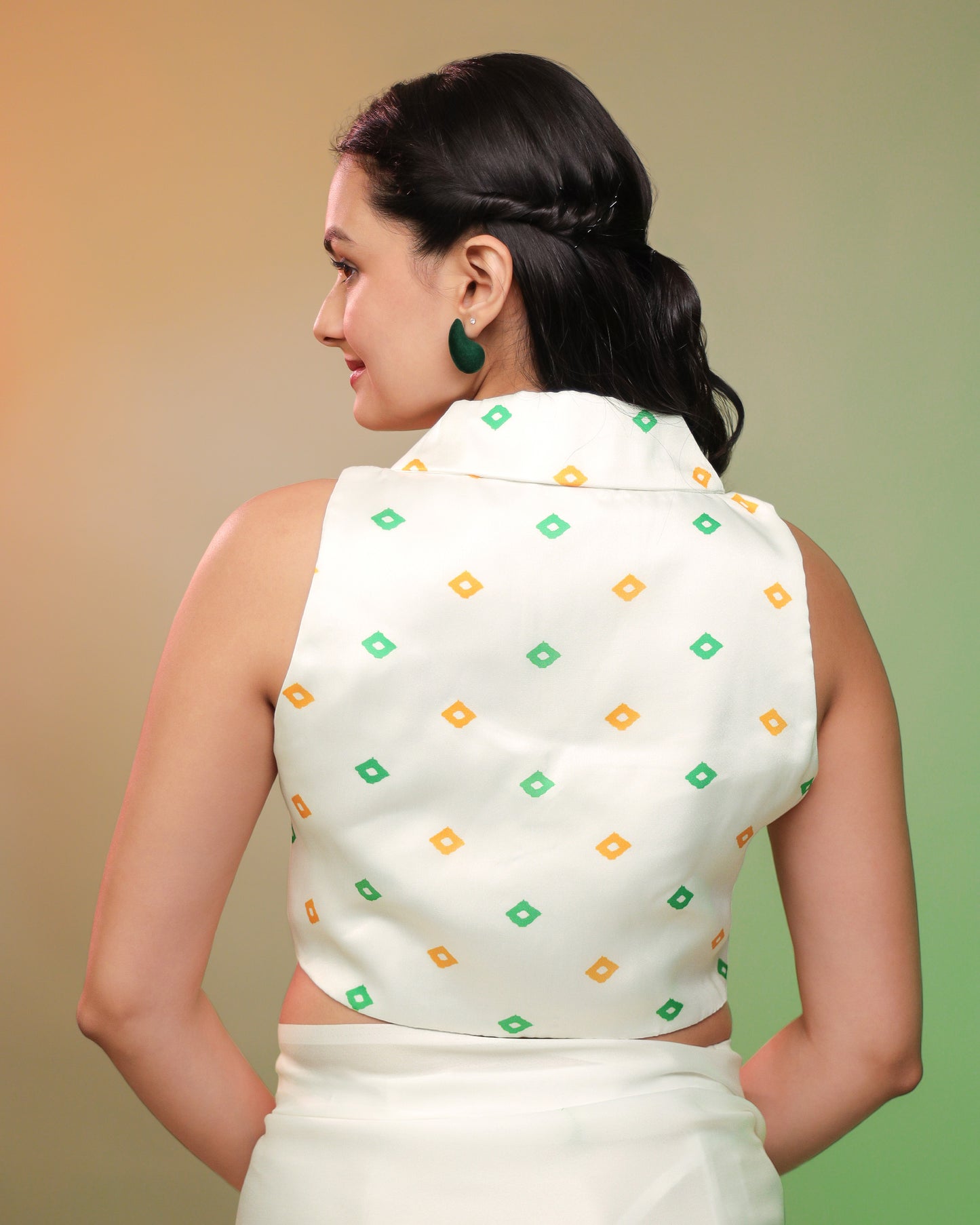 Tri Color Bandhani Notched Collar Blouse