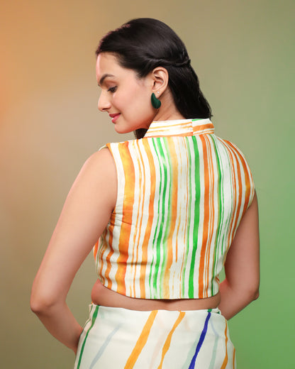 Tri Color Stripes V Neck Blouse