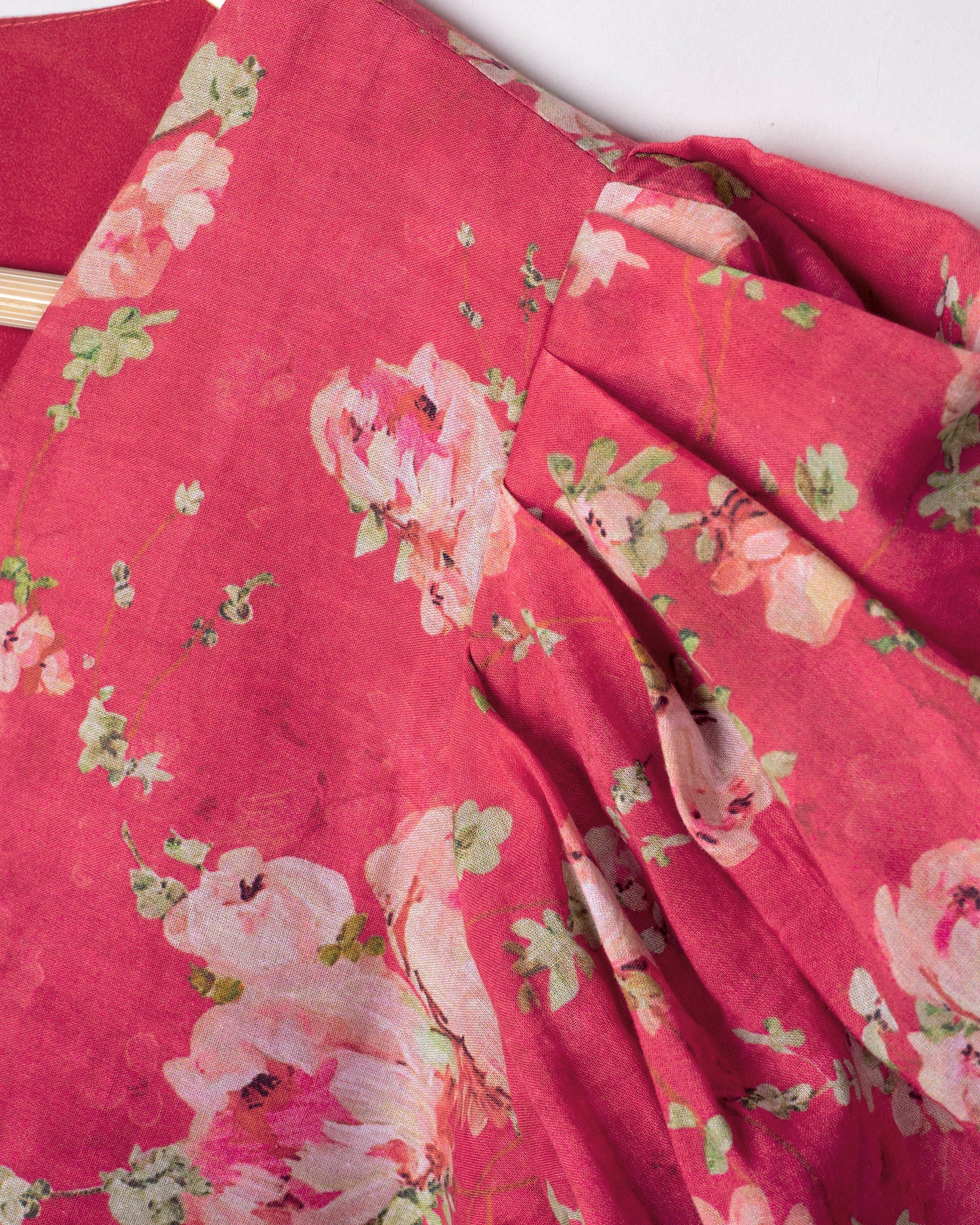 Deep Pink Floral V-Neck Puff Sleeve Pure Cotton Blouse