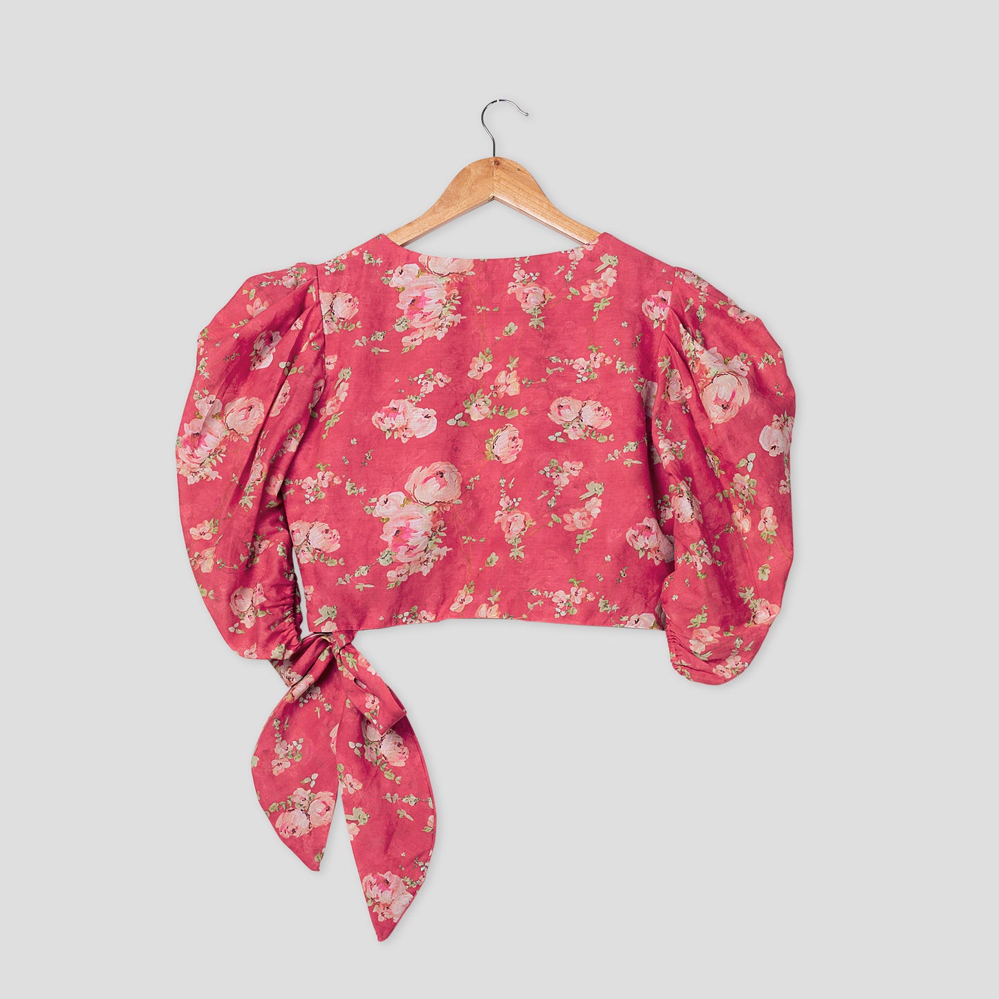 Deep Pink Floral V-Neck Puff Sleeve Pure Cotton Blouse