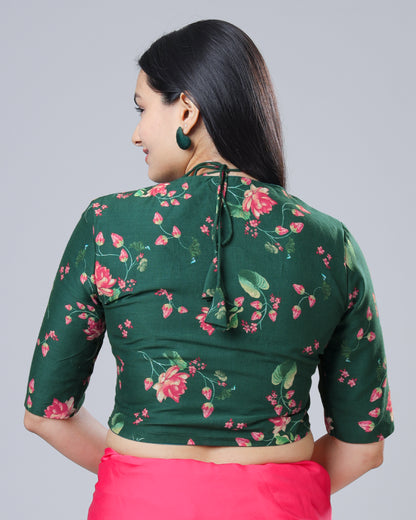 Green Rose Floral Tie-Up Neck Pure Cotton Blouse