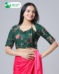 Green Rose Floral Tie-Up Neck Pure Cotton Blouse