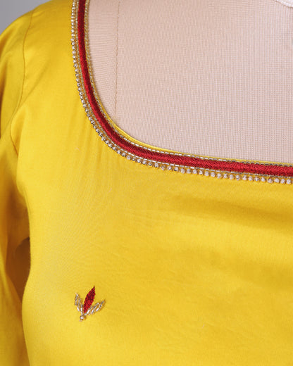 Premium Pearl And Motif Hand Work Yellow Cotton Blouse