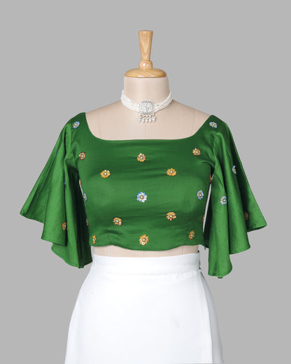 Premium Floral Sequins Hand Work Green Cotton Blouse