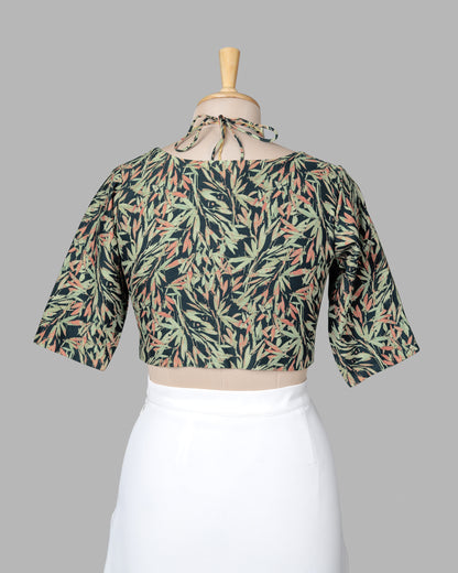 Black And Tea Green Leaf Tie Up Neck Cotton Blouse