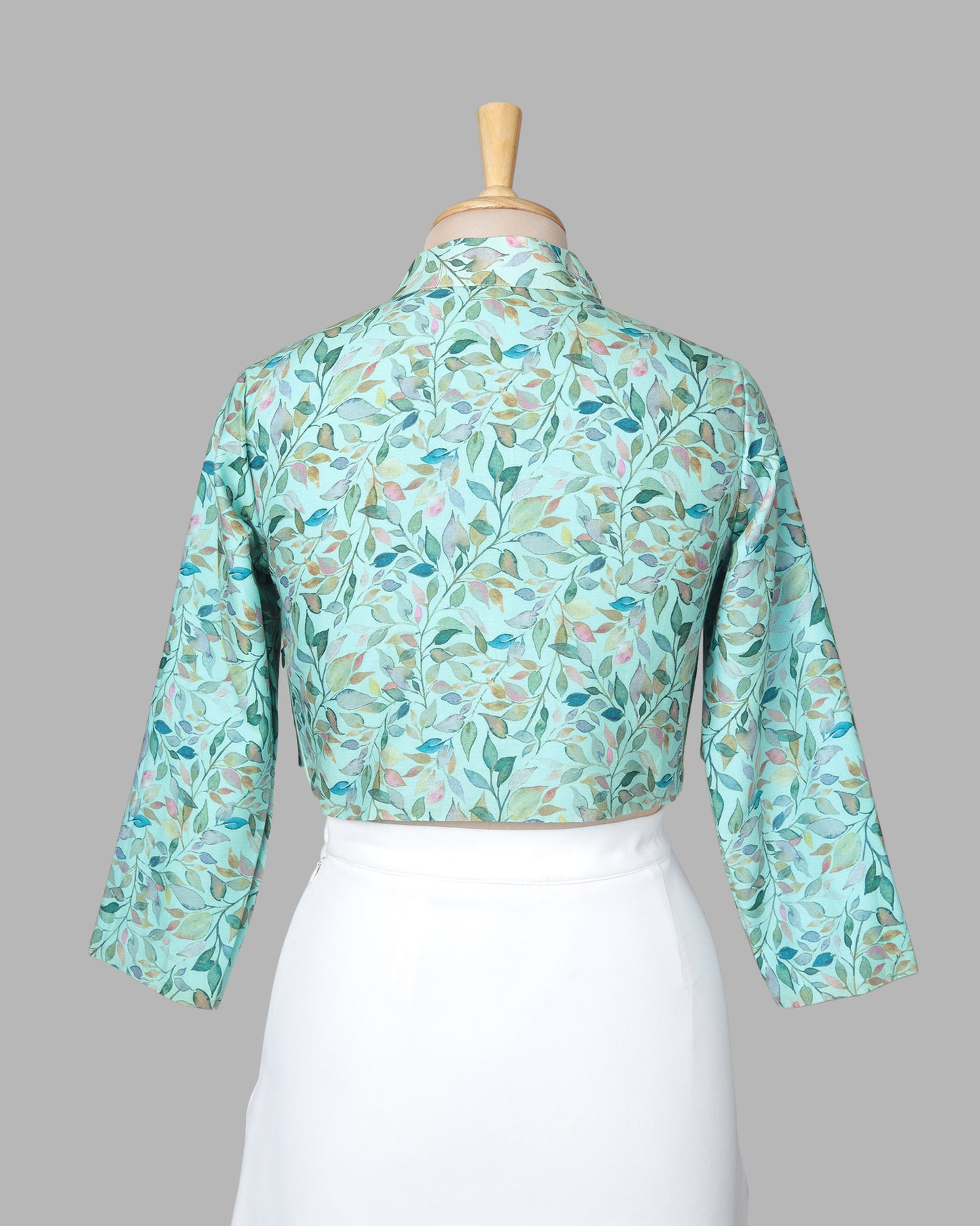 Mint Green And Pink Leaf Mandarin Collar Cotton Blouse