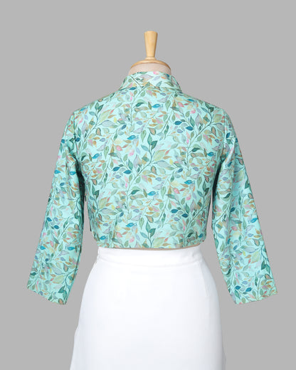Mint Green And Pink Leaf Mandarin Collar Cotton Blouse