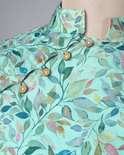 Mint Green And Pink Leaf Mandarin Collar Cotton Blouse