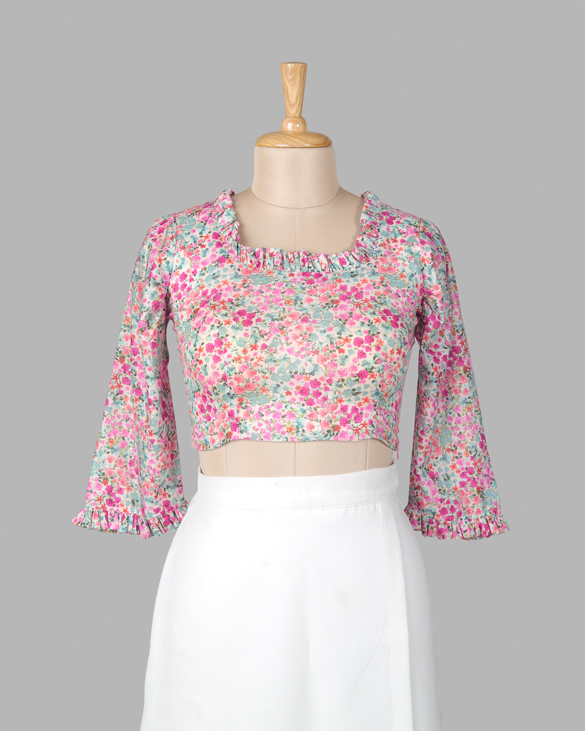 Pink Floral Ruffle Neck Cotton Blouse