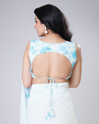 White Floral Boatneck Sleeveless Blouse
