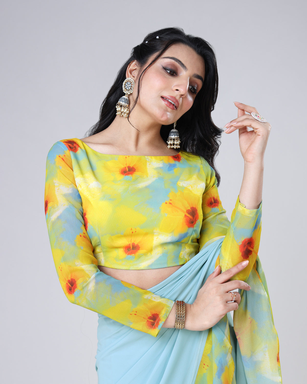 Yellow Floral Boat Neck Full Sleeve Blouse