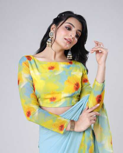 Yellow Floral Boat Neck Full Sleeve Blouse