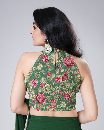 Dark Green Halter Neck Floral Sleeveless Blouse