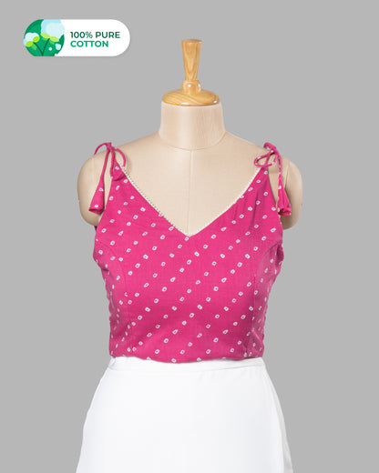 Pink Bandhani Pearl Lace Work Tie Up Cotton Blouse