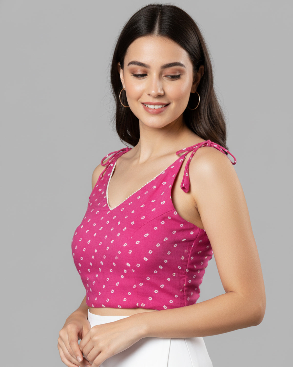 Pink Bandhani Pearl Lace Work Tie Up Cotton Blouse