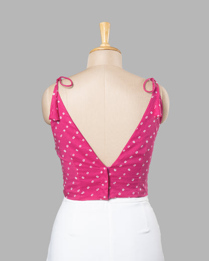 Pink Bandhani Pearl Lace Work Tie Up Cotton Blouse